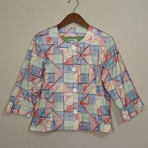 Coldwater Creek Colorful Blazer Women's 12 Petite Crop Sleeve Jacket Cotton Top